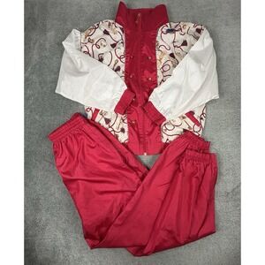 VTG 90s Casual Isle Bomber Jacket Womens Sz L Gold Chain Print Pink White Suites